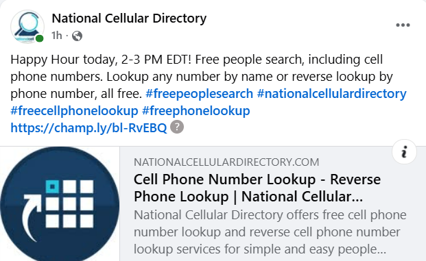 National Cellular Directory Facebook Post for Happy Hour - Free People Search